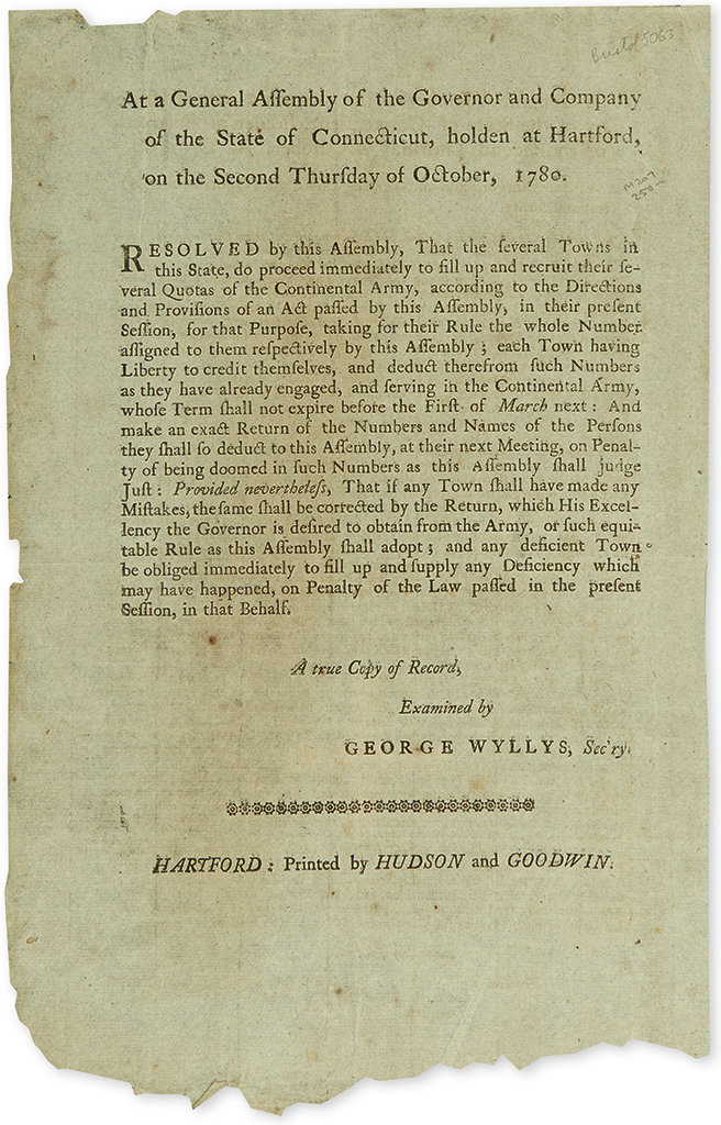 (AMERICAN REVOLUTION--1780.) At a General Assembly of the Governor and Company of the State of Connecticut.